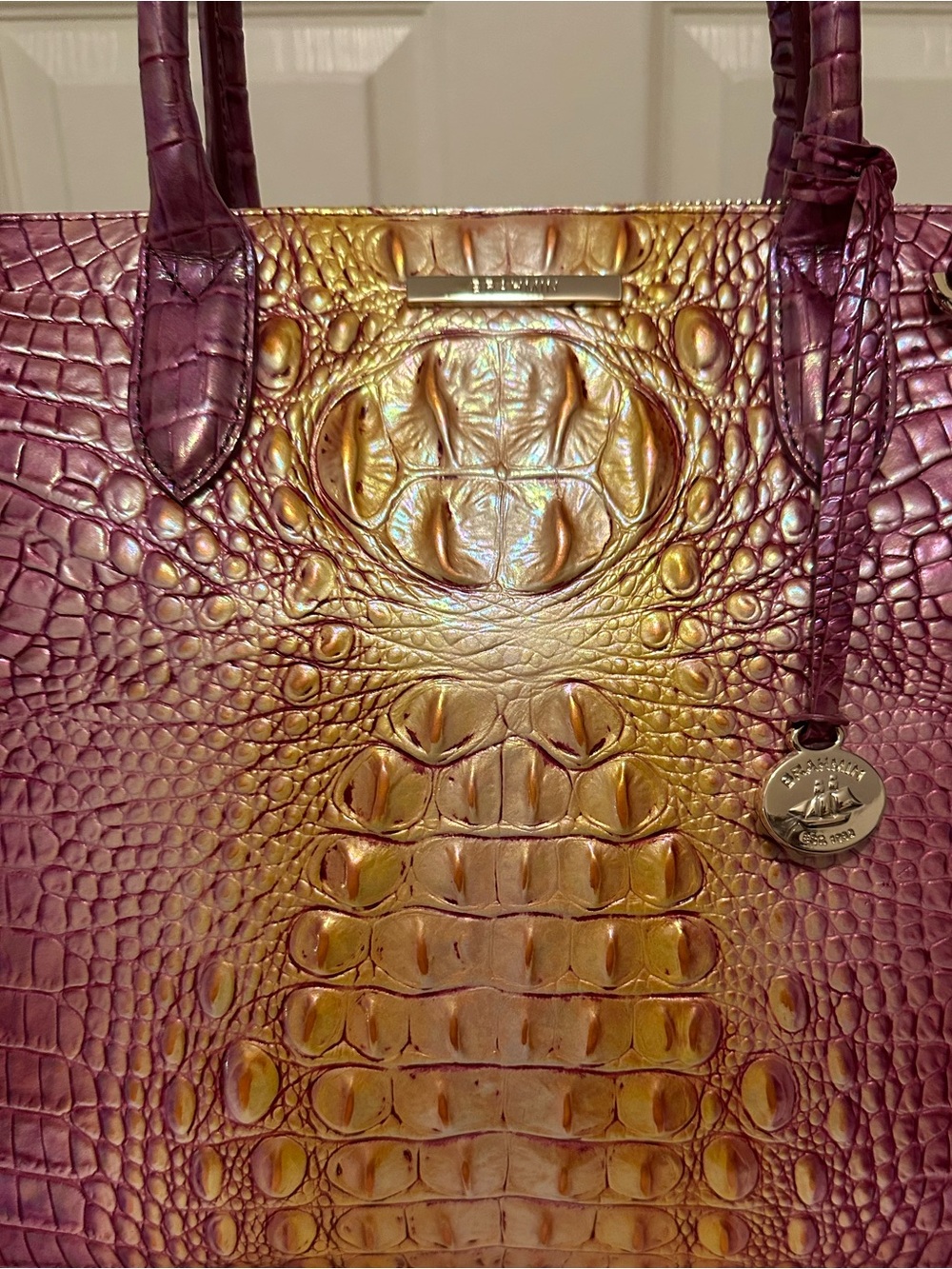 Brahmin Grapefruit Ombre Large Caroline Pink/Purple and Gold Satchel NWOT - Picture 2 of 15
